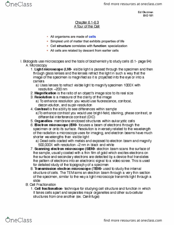 BIO 191 Chapter Notes - Chapter 6.1-6.3: Ribosomal Rna, Plasmodesma, Lysosome thumbnail