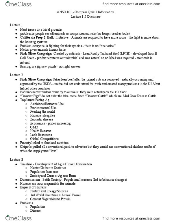 ANSC 101 Lecture Notes - Lecture 5: Free Range, Bovine Spongiform Encephalopathy, Escherichia Coli thumbnail