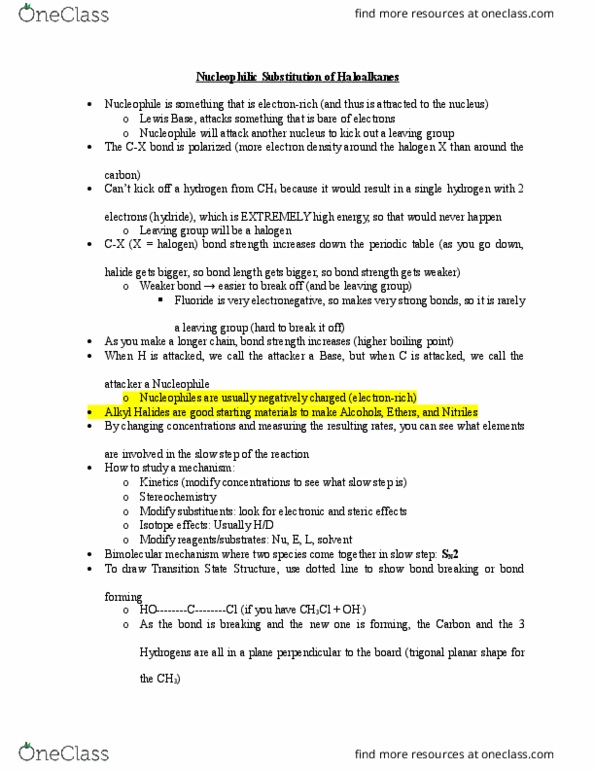 CHEM 140A Lecture Notes - Lecture 9: Trigonal Planar Molecular Geometry, Steric Effects, Leaving Group thumbnail