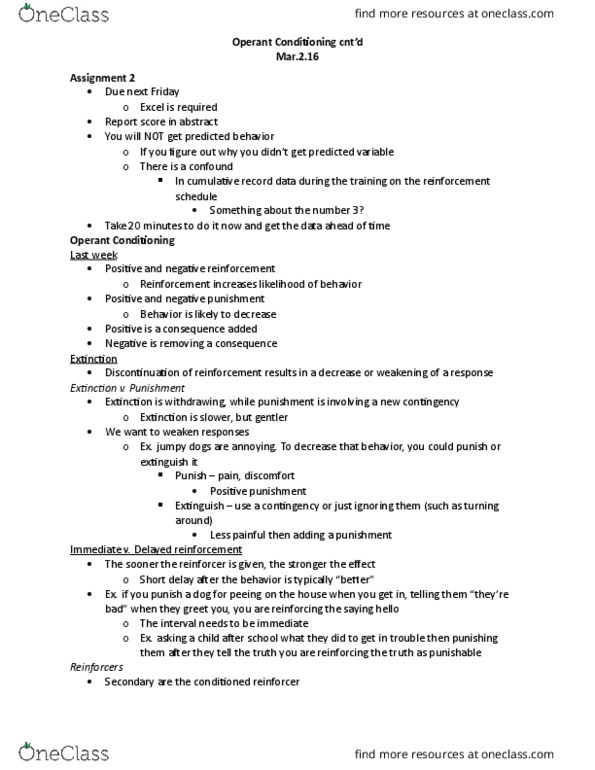 PSYC 2600H Lecture Notes - Lecture 6: Classical Conditioning, Reinforcement, Operant Conditioning thumbnail