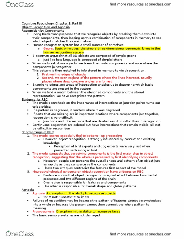 PSYC 221 Lecture Notes - Lecture 2: Parietal Lobe, Prosopagnosia, Occipital Lobe thumbnail