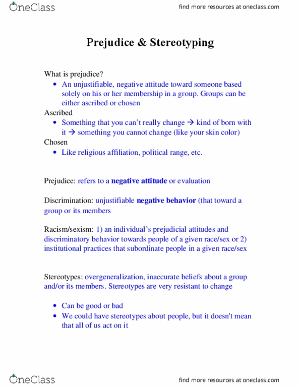 PSYCO241 Lecture Notes - Lecture 14: Contact Hypothesis, Stereotype Threat, Subtyping thumbnail