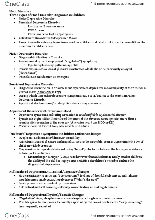 PSY 289 Lecture Notes - Lecture 8: Beck Depression Inventory, Hypersomnia, Social Skills thumbnail