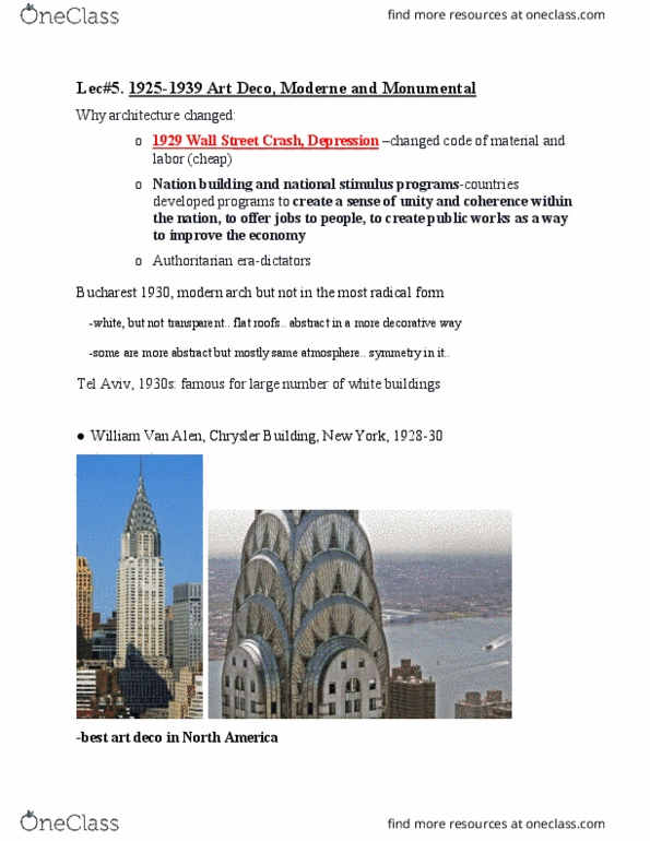 ARC131H1 Lecture 5: lec#5 1925-1939 ArtDeco, Moderne and Monumental notes summary thumbnail