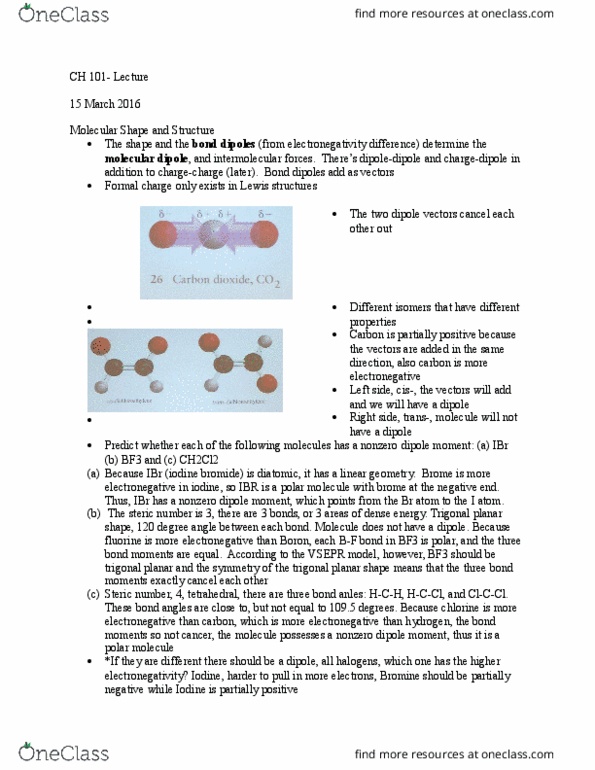 CAS CH 101 Lecture Notes - Lecture 15: Trigonal Planar Molecular Geometry, Steric Number, Vsepr Theory thumbnail