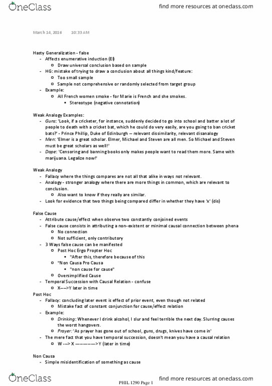 PHIL 1290 Lecture Notes - Lecture 11: Post Hoc Ergo Propter Hoc, Enumerative Induction, Fallacy thumbnail