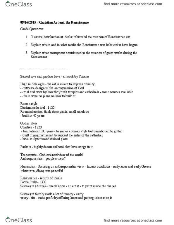 CATH 1190 Lecture Notes - Lecture 13: Durham Cathedral, Anthropocentrism, Middle Ages thumbnail