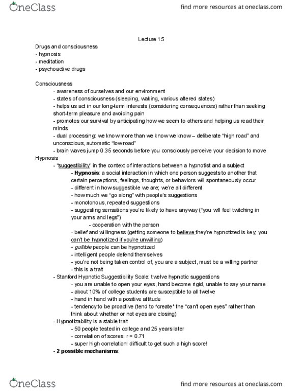 PSYCH 2 Lecture Notes - Lecture 15: Thalamus, Synesthesia, Hypnosis thumbnail