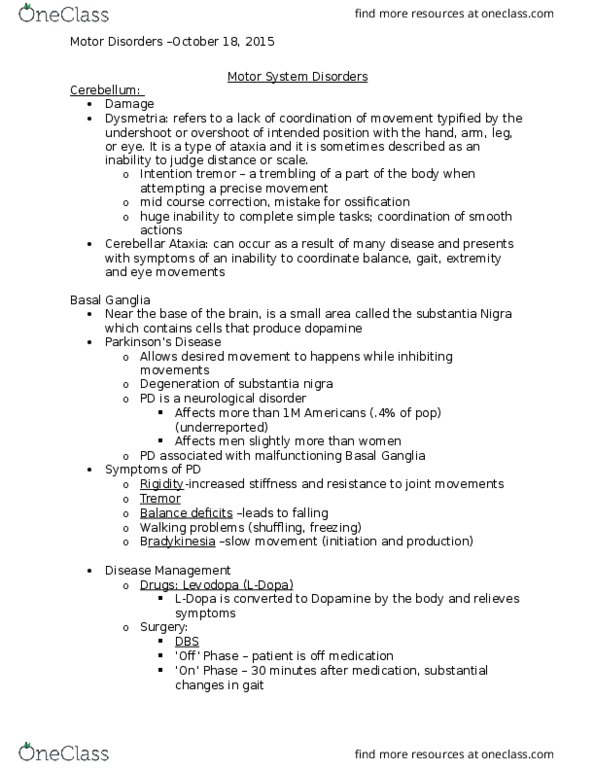 APA 2120 Lecture Notes - Lecture 8: Substantia Nigra, Basal Ganglia, Intention Tremor thumbnail