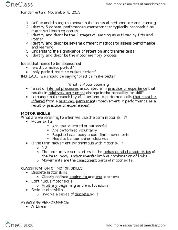 APA 2120 Lecture Notes - Lecture 10: Motor Skill, Error Detection And Correction, Motor Learning thumbnail