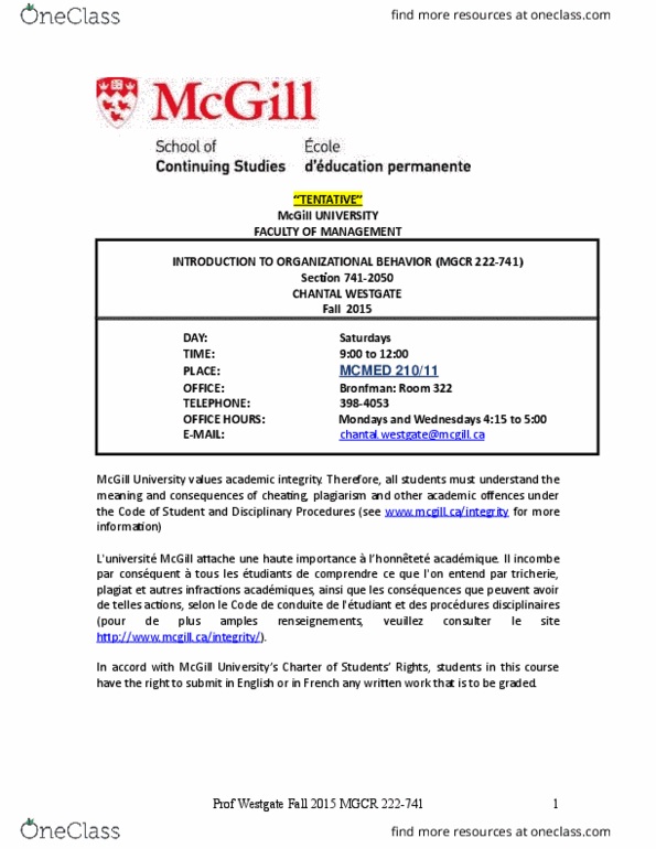 MGCR 222 Lecture Notes - Lecture 7: Macdonald Campus, Mctavish Street, Organizational Culture thumbnail