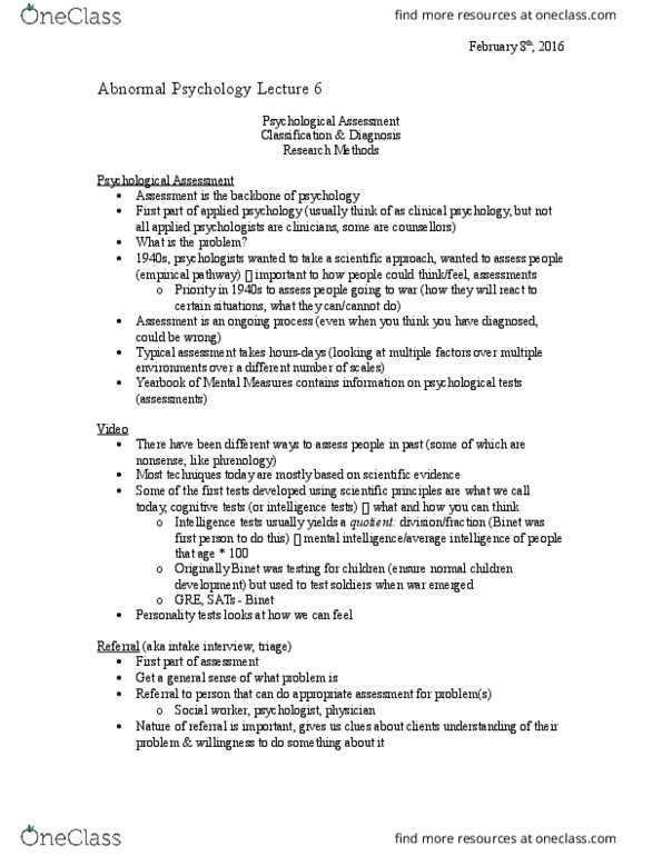 PSY240H5 Lecture Notes - Lecture 6: Psychological Testing, Triage, Confabulation thumbnail