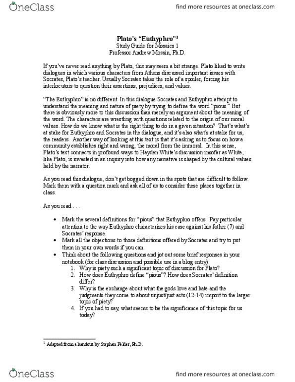 IH 0851 Lecture 3: Plato Euthyphro Study Guide thumbnail