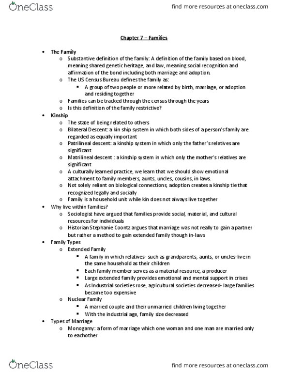 SOCI201 Lecture Notes - Lecture 8: Stephanie Coontz, United States Census Bureau, Patrilineality thumbnail