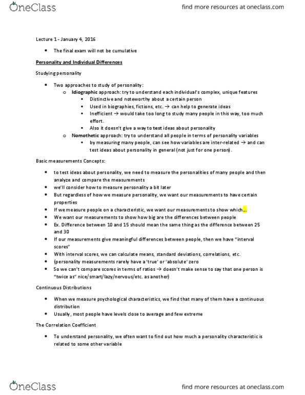 PSYC 2P25 Lecture Notes - Lecture 1: Probability Distribution, Birth Order, Nomothetic thumbnail