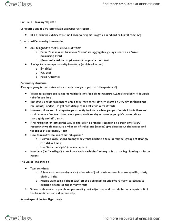 PSYC 2P25 Lecture Notes - Lecture 4: Lexical Hypothesis, Trait Theory, Conscientiousness thumbnail