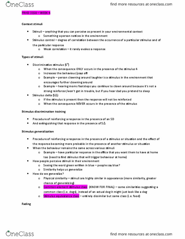 FRHD 3150 Lecture Notes - Lecture 4: Classical Conditioning, Equivalence Class, Reinforcement thumbnail