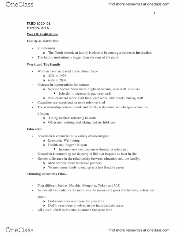 FRHD 1020 Lecture Notes - Lecture 8: Playtime, Shift Work, Parenting thumbnail