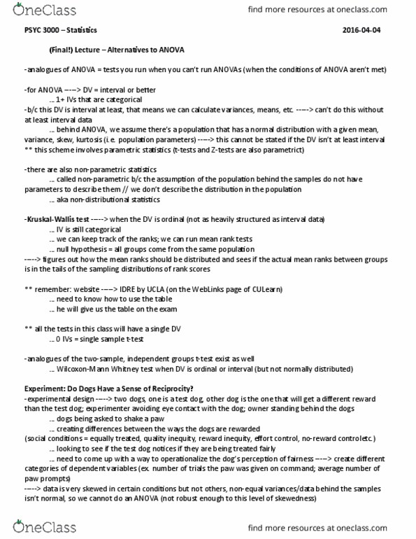 PSYC 3000 Lecture Notes - Lecture 29: Wilcoxon Signed-Rank Test, Nonparametric Statistics, Parametric Statistics thumbnail