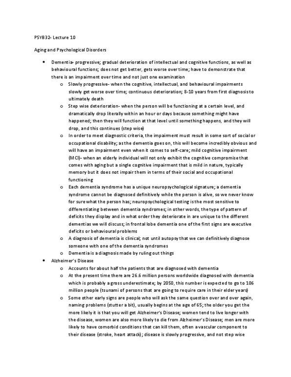 PSYB32H3 Lecture Notes - Lecture 10: Mild Cognitive Impairment, Dementia With Lewy Bodies, Vascular Dementia thumbnail