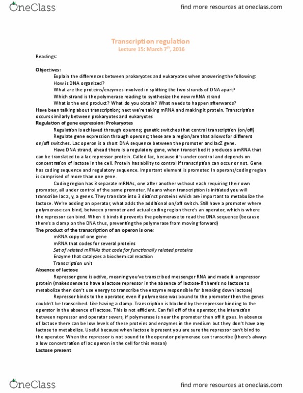 BIO 1140 Lecture Notes - Lecture 15: Lac Repressor, Allolactose, Repressor thumbnail