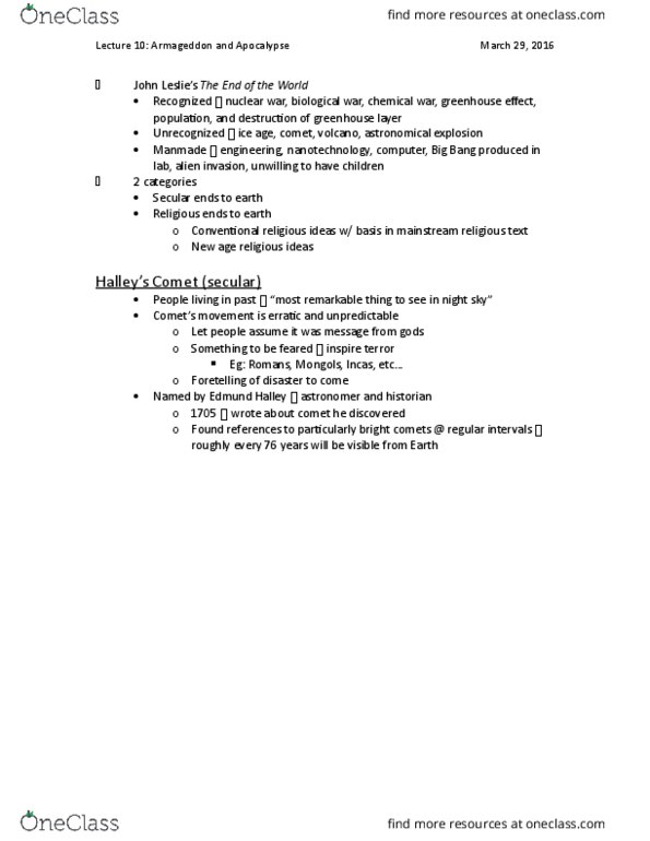 History 2186A/B Lecture Notes - Lecture 10: Doomsday Cult, Nuclear Holocaust, Edmond Halley thumbnail