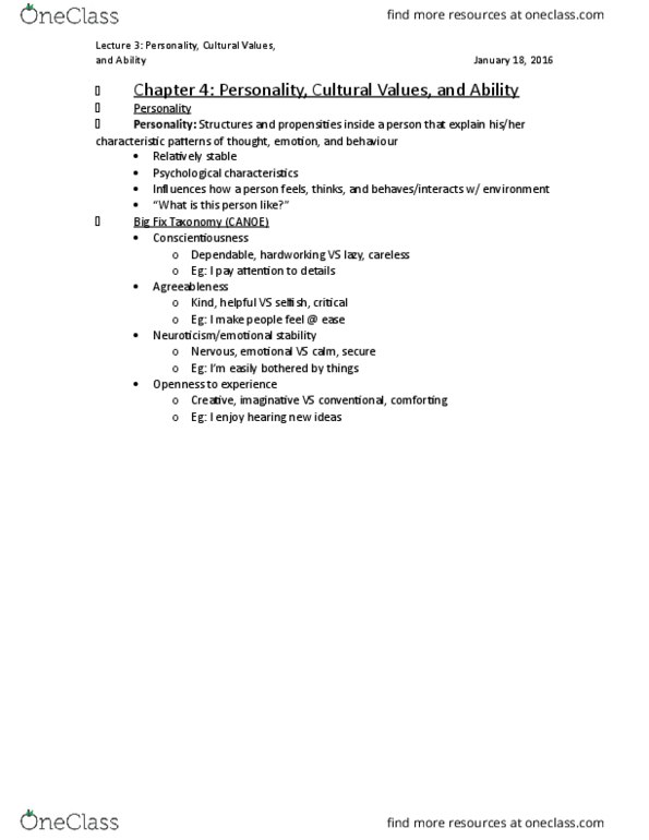 Management and Organizational Studies 2181A/B Lecture Notes - Lecture 3: Extraversion And Introversion, Conscientiousness, Future Orientation thumbnail