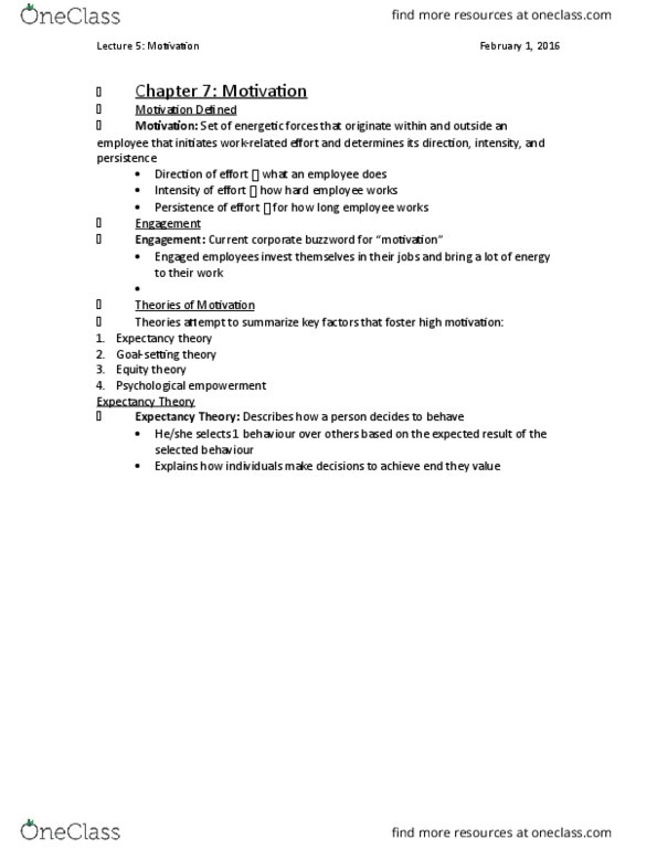 Management and Organizational Studies 2181A/B Lecture Notes - Lecture 5: Expectancy Theory, Job Performance, Buzzword thumbnail