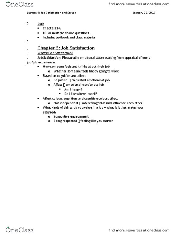 Management and Organizational Studies 2181A/B Lecture Notes - Lecture 4: Job Satisfaction, Organizational Commitment, Job Performance thumbnail