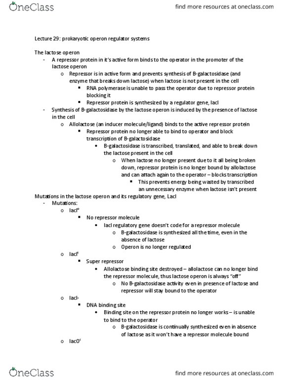 BIOL 2030 Lecture Notes - Lecture 29: Dna Binding Site, Lac Repressor, Allolactose thumbnail