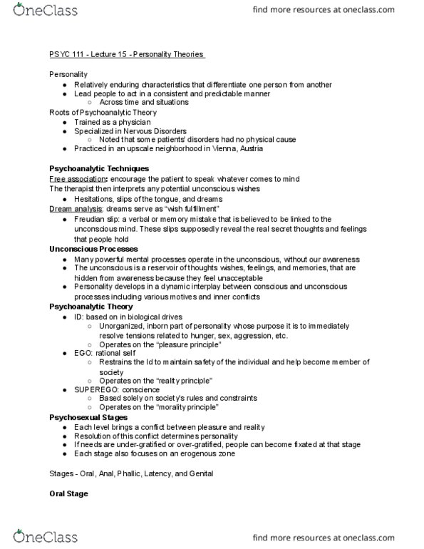 PSYC 111 Lecture Notes - Lecture 15: Erogenous Zone, Phallic Stage, Penis Envy thumbnail