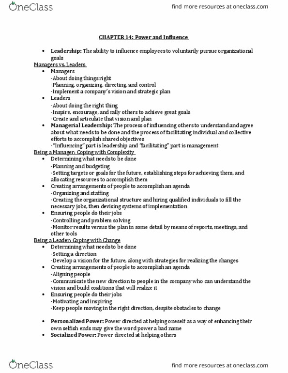 MAN 3025 Chapter Notes - Chapter 14: Transformational Leadership, Machiavellianism, Narcissism thumbnail