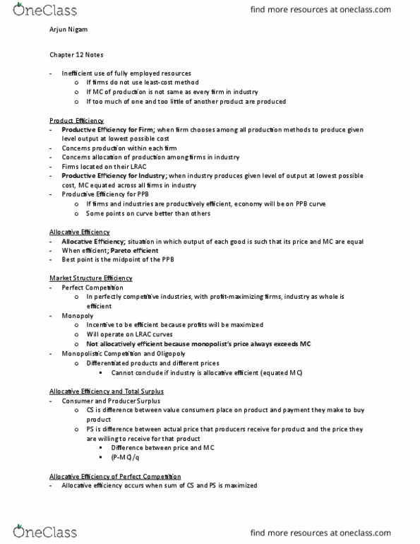 ECO100Y5 Chapter Notes - Chapter 12: Pareto Efficiency, Allocative Efficiency, Monopolistic Competition thumbnail