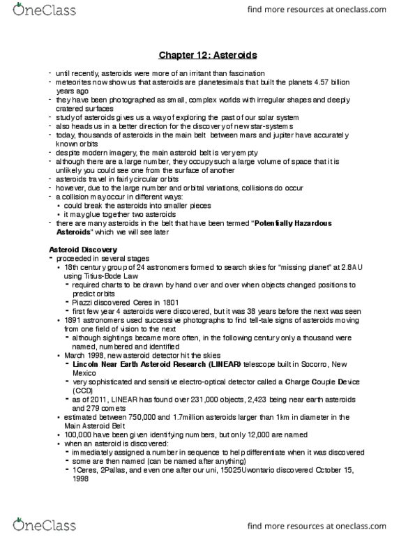 Earth Sciences 1086F/G Lecture Notes - Lecture 13: Near-Earth Object, Daniel Kirkwood, S-Type Asteroid thumbnail