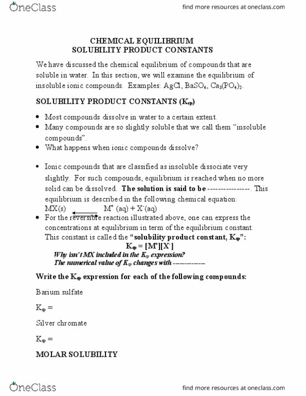 CH 302 Lecture Notes - Lecture 1: Solubility Equilibrium, Magnesium Fluoride, Ionic Compound thumbnail