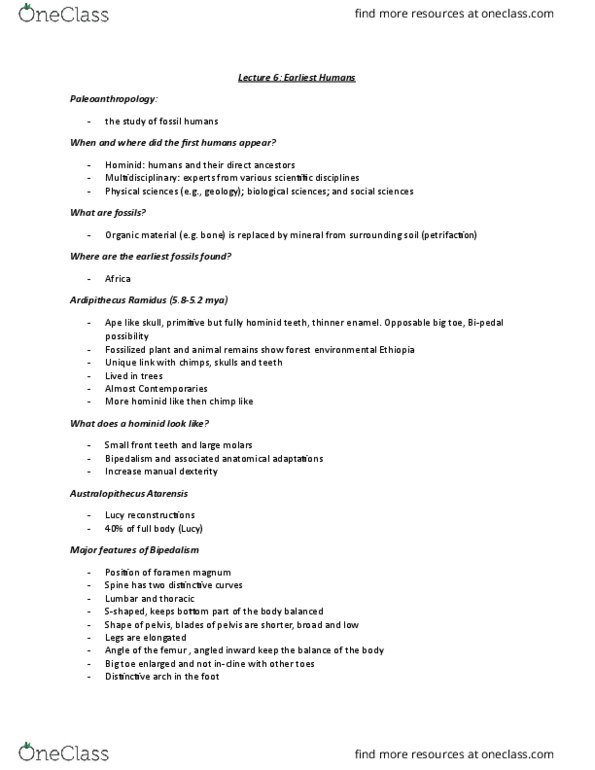 ANTHROP 1AA3 Lecture Notes - Lecture 6: Foramen Magnum, Bipedalism, Australopithecus thumbnail