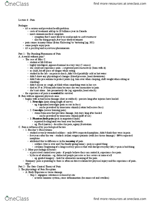 Psychology 2036A/B Lecture Notes - Lecture 6: Trigeminal Neuralgia, Substantia Gelatinosa Of Rolando, Posterior Grey Column thumbnail