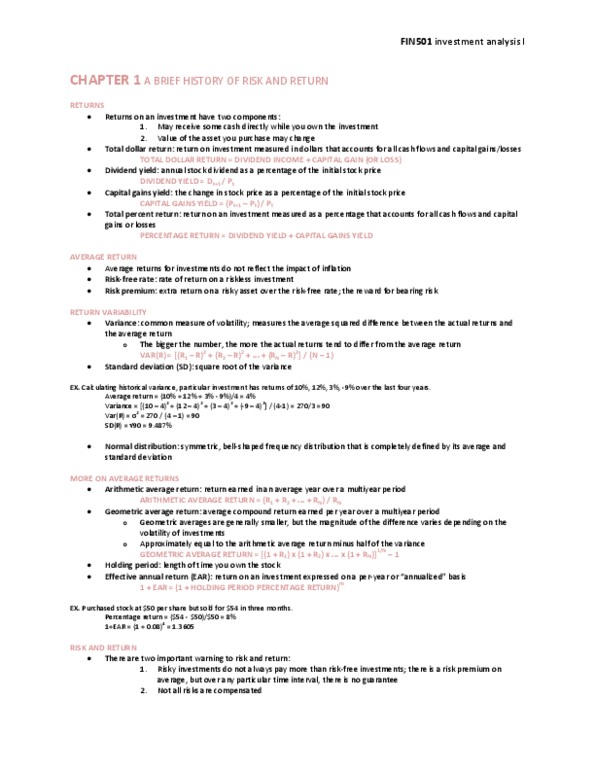 FIN 501 Chapter Notes - Chapter 1: Dividend Yield, Dividend, Risk Premium thumbnail