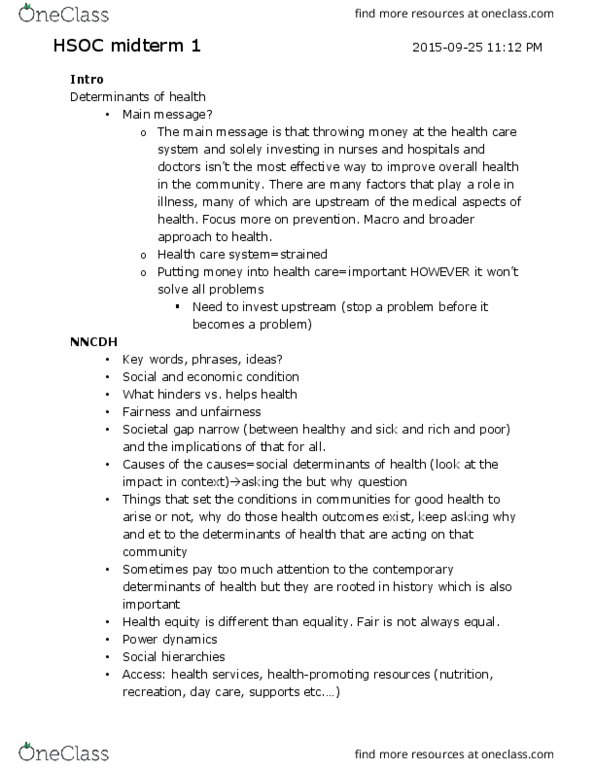 HSOC 301 Lecture Notes - Lecture 1: Coronary Artery Disease, Michael Marmot, Health Policy thumbnail