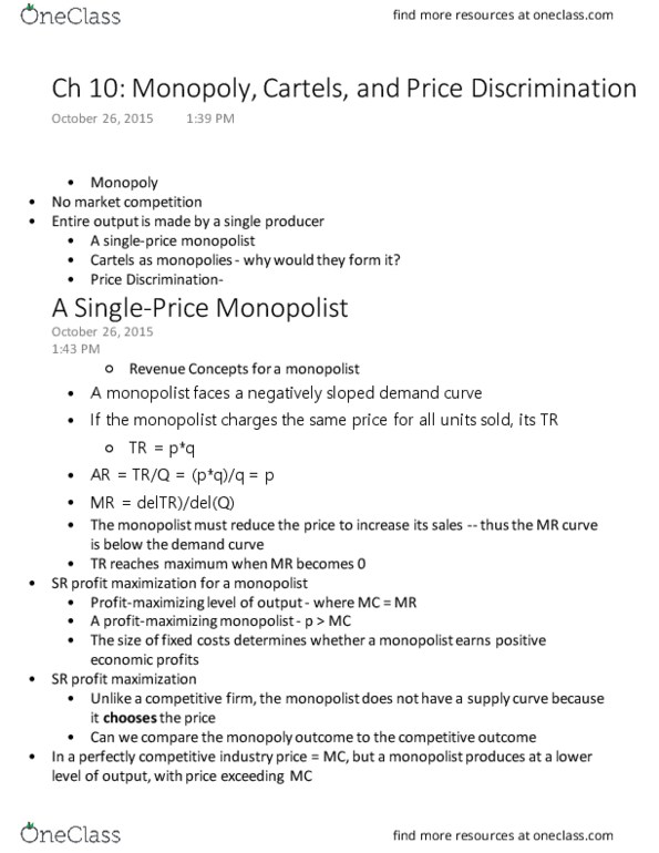 ECON 208 Lecture Notes - Lecture 15: Price Discrimination, Profit Maximization, Perfect Competition thumbnail