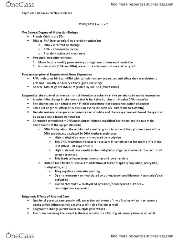 PSYC 2410 Lecture Notes - Lecture 7: Francis Crick, Chromatin Remodeling, Epigenetics thumbnail