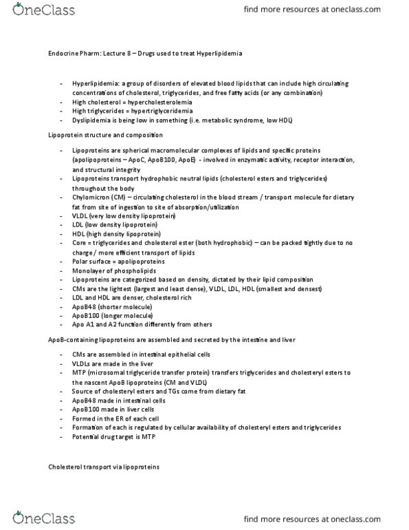 Pharmacology 3620 Lecture Notes - Lecture 8: Microsomal Triglyceride Transfer Protein, Cholesteryl Ester, Reverse Cholesterol Transport thumbnail