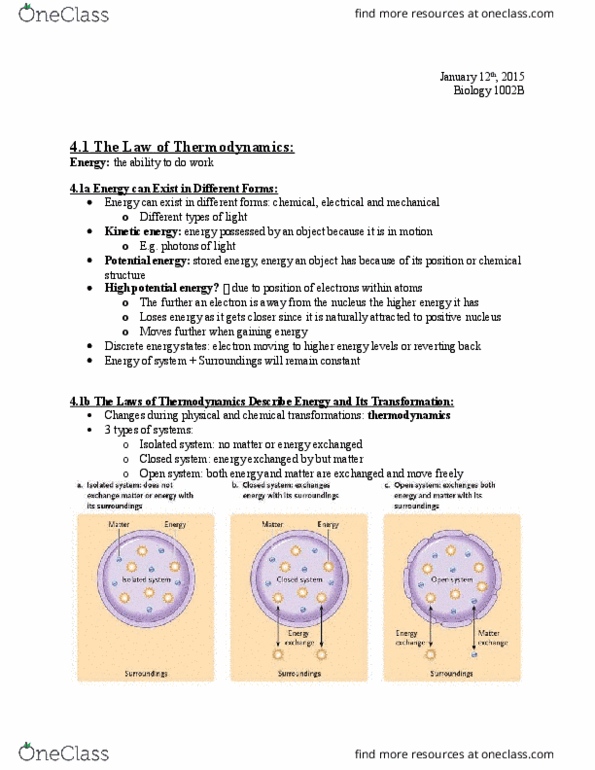 Biology 1002B Chapter Notes - Chapter 4: Kinetic Energy, Thermodynamics, Potential Energy thumbnail