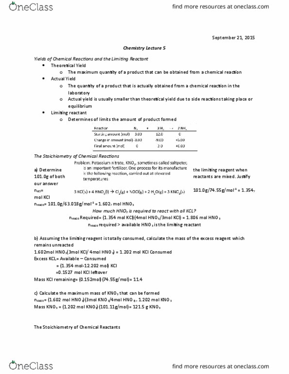 CH110 Lecture Notes - Lecture 5: Limiting Reagent, Nitric Acid, Stoichiometry thumbnail