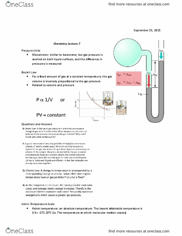 CH110 Lecture Notes - Lecture 7: Pressure Measurement, Barometer thumbnail