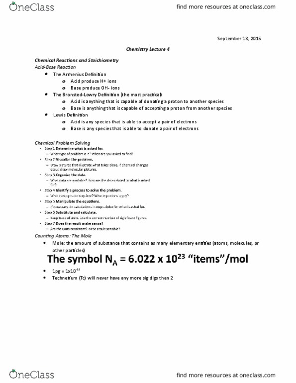 CH110 Lecture Notes - Lecture 4: Stoichiometry, Technetium thumbnail
