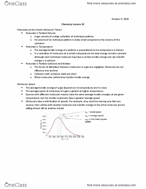 CH110 Lecture Notes - Lecture 10: Kinetic Theory Of Gases, Effusion thumbnail