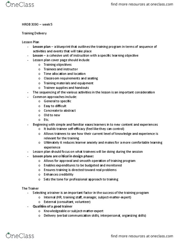HROB 3090 Lecture Notes - Lecture 5: Lesson Plan, Job Performance thumbnail