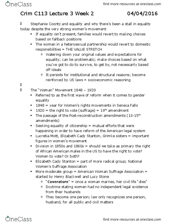 CRM/LAW C113 Lecture Notes - Lecture 3: Elizabeth Cady Stanton, Lucretia Mott, Stephanie Coontz thumbnail