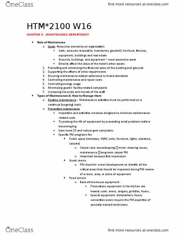 HTM 2100 Chapter Notes - Chapter 9: Preventive Maintenance, Public Space, Energy Management thumbnail